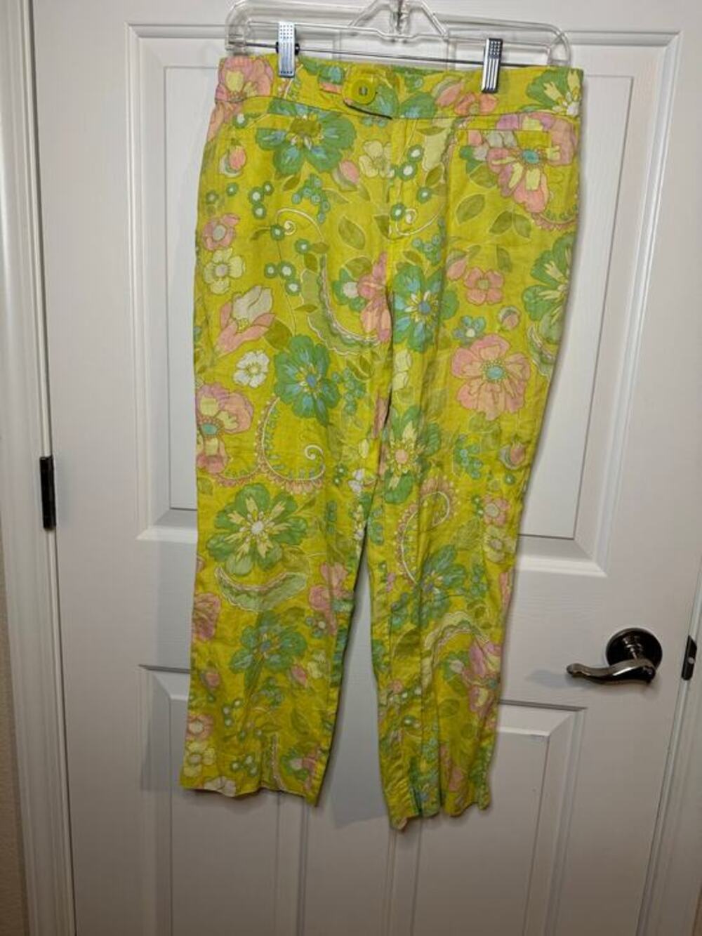 Sigrid Olsen New Floral Linen Cropped Pants Retro Yellow Pink Green Pastel 8